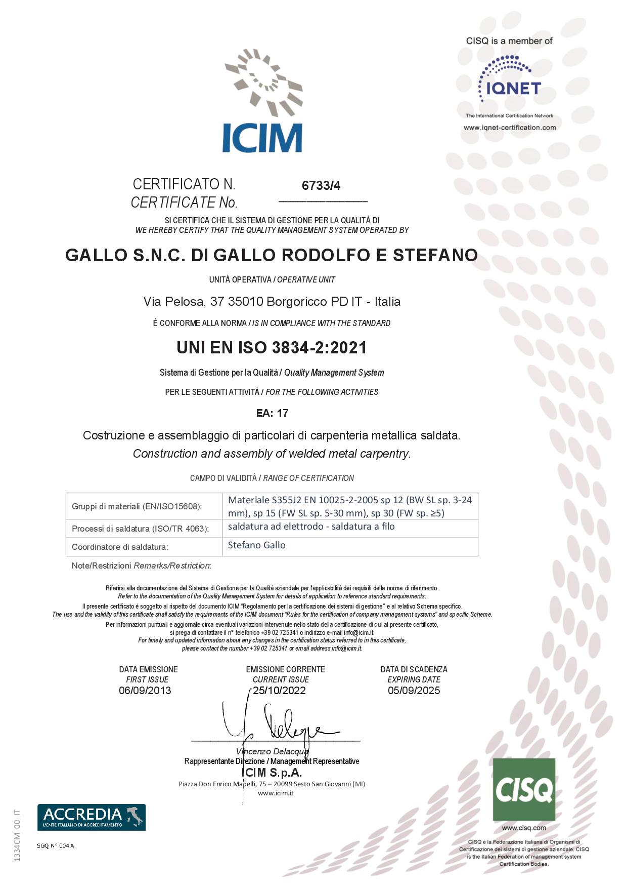 Carpenteria Gallo - ACQUISIZIONE CERTIFICAZIONE UNI EN ISO 3834-2:2021